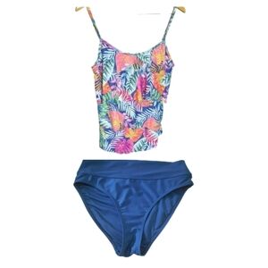 Caribbean Joe Womens Tropical Shirred Tankini Swim Set Size 10